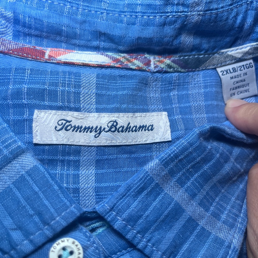 Tommy Bahama Shirt Mens 2XLB Blue Excellent Linen Tencel Plaid Long Sleeve - Picture 2 of 7